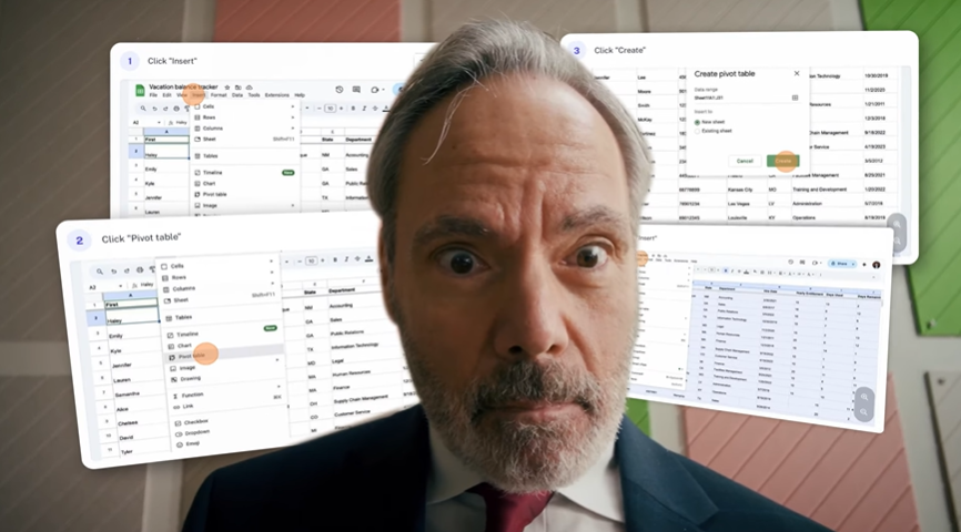 Man amazed by automated spreadsheet and pivot table creation with Scribe documentation software