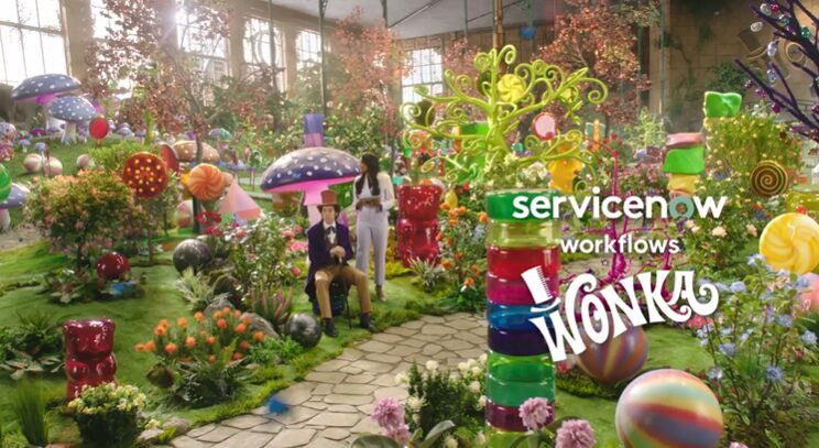 Whimsical candy factory garden with oversized sweets, mushrooms, and a Wonka figure beside a ServiceNow representative, showcasing “ServiceNow workflows Wonka.”