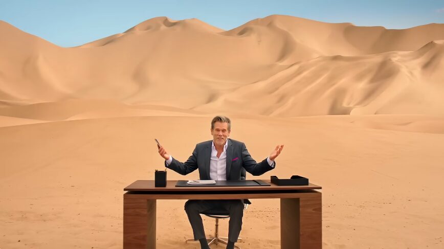 kevin bacon sitting at a desk in the desert for t-mobile commercial