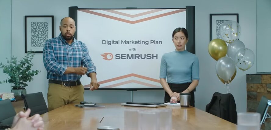 Two professionals preparing for a meeting for Semrush commercial