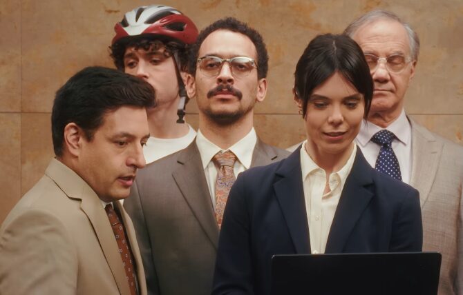 Professionals in an elevator for Microsoft commercial