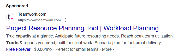 A google ad example shows from the company, Teamwork.com. 