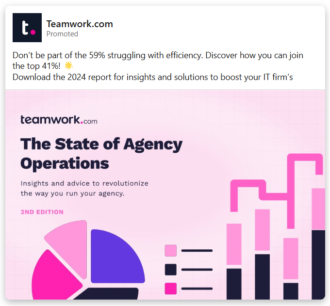 A performance ad example from Teamwork.com; a report lead magnet on Linkedin.