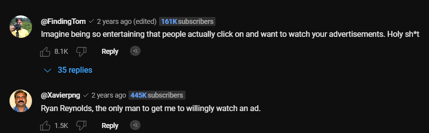 Two viewers of the cybersecurity advertisement comment: "Imagine being so entertaining that people actually click on and want to watch your advertisements." Another says: "Ryan Reynolds, the only man to get me to willingly watch an ad."